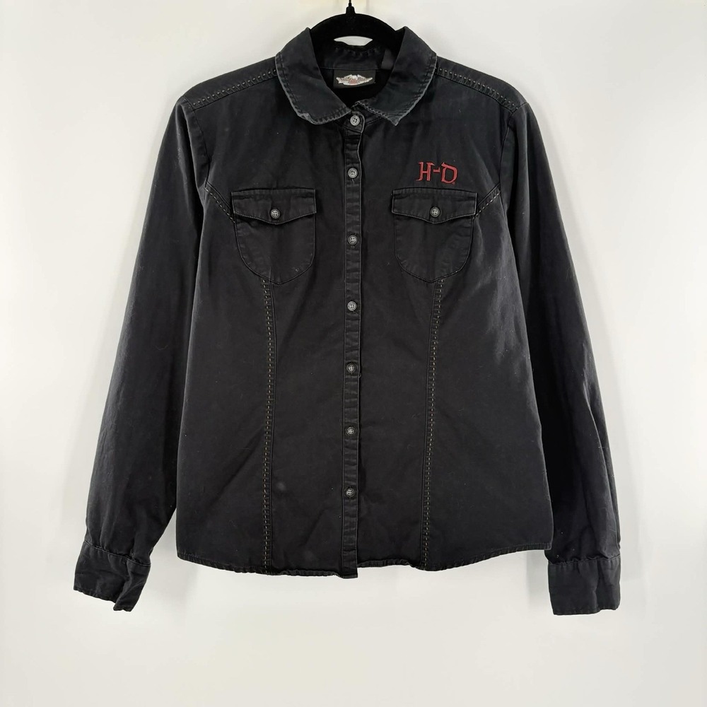 Harley Davidson Is Women's Large Black Long Sleeve Button Down Embroidered Shirt